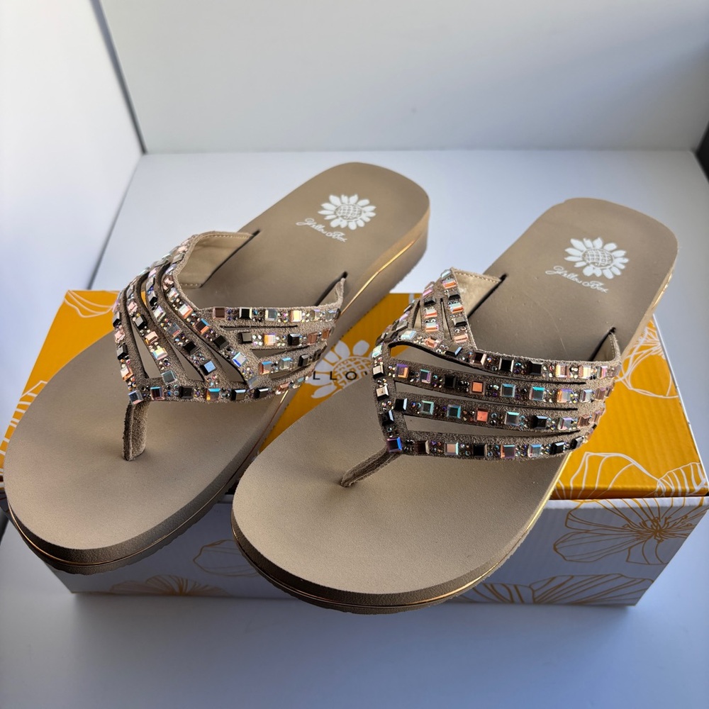 NIB Yellow Box Heram Taupe Rhinestone Wedge Sandals - Size 9